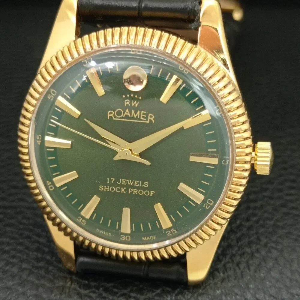 Vintage 1978 Roamer Manual Mens Gold Watch W/Leather Strap & Green accents